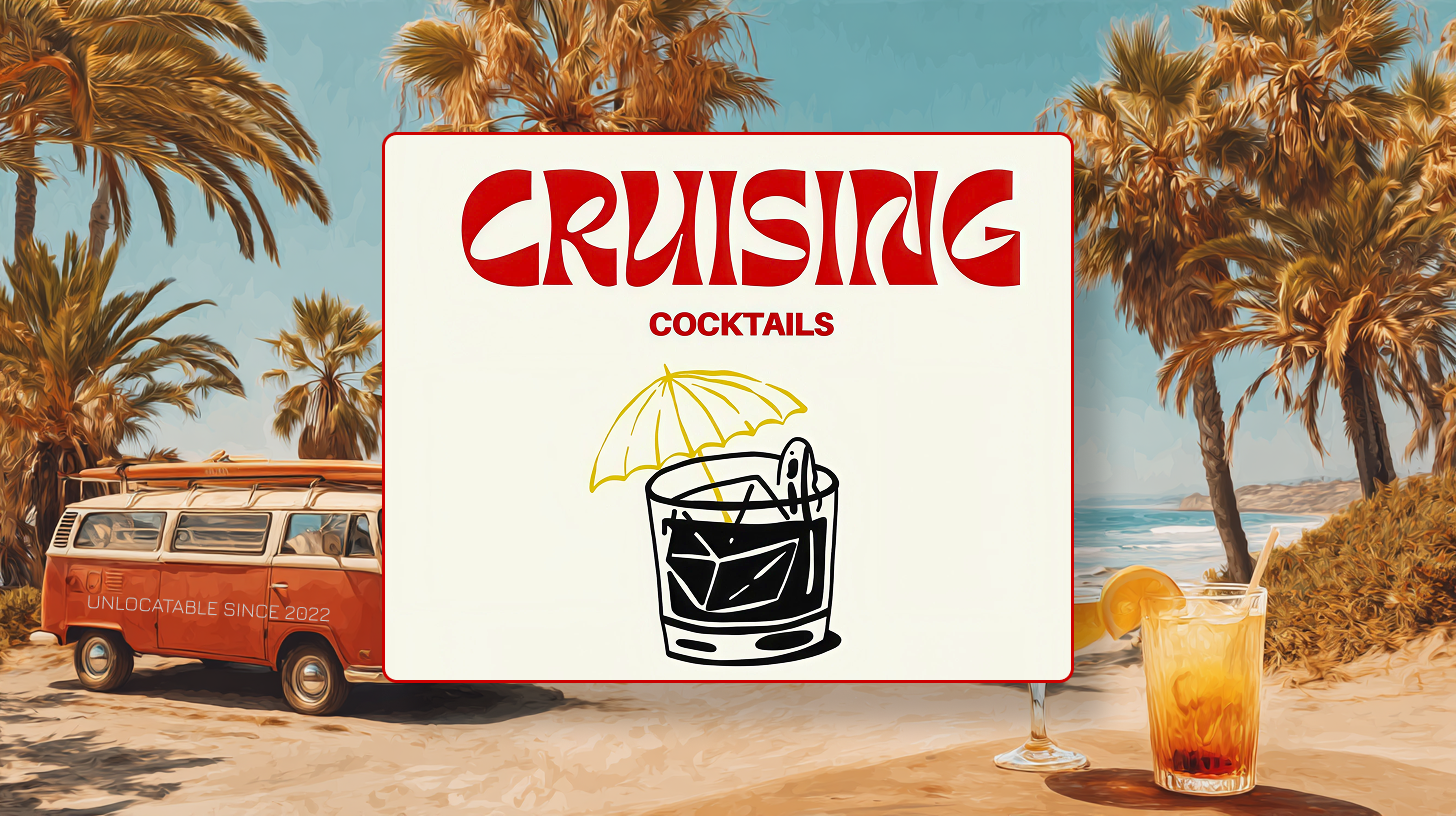 Illustrierter Retro-VW-Bus mit Surfbrett und Schriftzug „Unlocatable since 2022“ am Strand, davor die CruisingCocktails-Wortmarke auf einer Postkarte